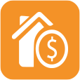 Fundo laranja com desenho de uma casa com um simbolo de cifrao, simbolizando consórcio de imóveis.