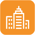 Fundo laranja com desenho de prédios, representando seguro empresarial