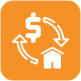 Fundo laranja com desenho de uma casa duas setas e um cifrao, simbolizando crédito com garantia de imóvel.