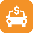 Fundo laranja com desenho de um veículo e um cifrao logo em cima, simbolizando refinanciamento de veículos